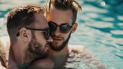 Wall Mural - Gay couple wearing sunglasses relaxing in swimming pool or in a sea. LGBT. Two young men enjoying nature outdoors and hugging. Young men romantic family in love. Happiness concept.