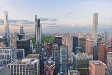 big skyline New York City panorama after sunset at night with a view of central park.