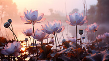 Lotus Flowers In Nature, Delicate Pastel Morning Background Pink And Blue Shades Of Tenderness And Beauty Of Nature. Fictional Graphics