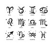 © Salomi art - Set of all 12 zodiac signs symbols drawn by brush with stars, vintage boho design for calendar, astrology emblems. Collection of icons isolated on white background.