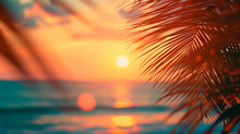 Summer Vacation Defocused Background Blurred Sunset Over The Ocean And Palm Leaves