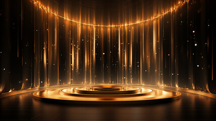 Wall Mural - golden round podium with light clouds, a stage for a new product with an empty copy space