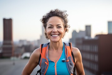 Wall Mural - Portrait of a grinning woman in her 40s wearing a lightweight running vest against a vibrant city skyline. AI Generation
