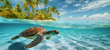 Sea Turtle Swimming In The Sea - A Turtle Swimming And Swimming Under The Ocean, In The Style Of Tropical
