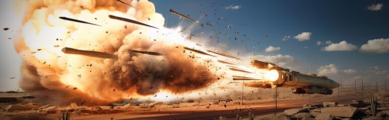 Wall Mural - The intense scene of a military battalion deploying its defense system, firing missiles in a special operation.
