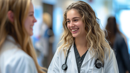 Wall Mural - portrait of smiling female doctor talking with colleague in corridor of hospital