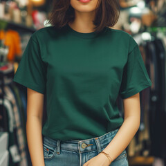 Wall Mural - Dark Green T-shirt Mockup, Woman, Girl, Female, Model, Wearing a Dark Green Tee Shirt and Blue Jeans, Oversized Blank Shirt Template, Standing in a Clothing Store, Close-up View
