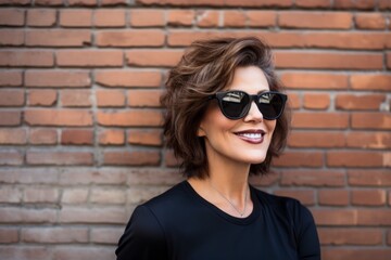 Wall Mural - Portrait of a satisfied woman in her 50s wearing a trendy sunglasses against a vintage brick wall. AI Generation