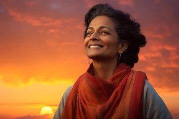 Wall Mural - Portrait of a happy indian woman in her 50s wearing a cozy sweater against a vibrant sunset horizon. AI Generation