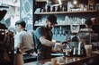 A barista in a green apron presents a freshly brewed cup of cappuccino with skillfully poured latte art on top, signifying a welcoming gesture of hospitality and expertise in coffee crafting. AI 
