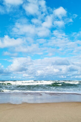 Wall Mural - The waves of the sea roll over the sandy coast on a sunny day.