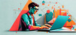 Man Person with glasses  using a laptop computer - Bright, colorful illustration Collage in geometric style