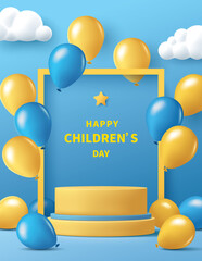 Wall Mural - Children's day poster for product demonstration.  Yellow pedestal or podium with balloons on blue background.