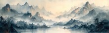 Chinese Watercolor Painting On Wash Paper With Mountain, Fog And Trees