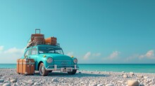 Blue Retro Car, Beach Road, Sea-sky Backdrop, Suitcases, Summer Accessories, Coastal Vibes, Vivid Image, Realistic Scene, Ample Copy Space