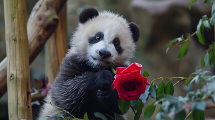 Wall Mural - Panda Cub with a Red Rose Cute Animal Valentine's Day Concept