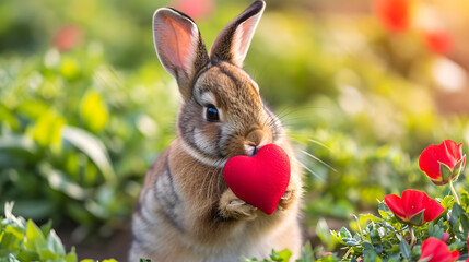 Poster - Cute Bunny with Red Heart Spring Love Concept