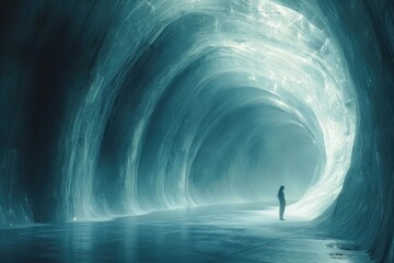 Canvas Print - A person standing in a tunnel with light coming out of it, AI