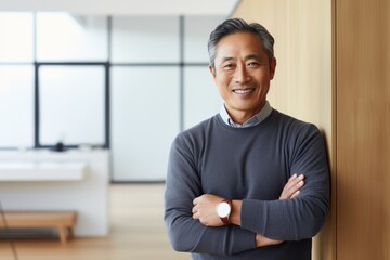 Portrait of a grinning asian man in his 50s wearing a cozy sweater against a modern minimalist interior. AI Generation