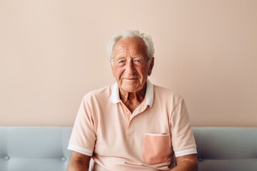 Wall Mural - Portrait of a blissful elderly man in his 90s donning a trendy cropped top against a modern minimalist interior. AI Generation