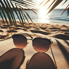 Wall Mural - Seaside Serenity: Sunglasses Resting on Sandy Beach Underneath a Palm Frond Shade