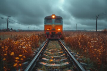 As the train rolled along the railroad tracks, the sky was filled with fluffy clouds and the lush green grass swayed in the breeze, creating a peaceful outdoor scene for the passengers traveling on t