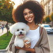 © AyeBeeKayyy - Traveling Companionship: Happy Young Woman Holding Bichon Frise Dog by Tourist Bus