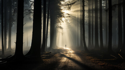 Wall Mural - landscape misty path in the forest in the rays of the sun at dawn mysterious view.