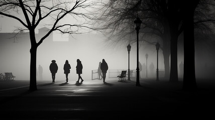 Wall Mural - black and white silhouettes and shadows of people in the morning urban fog.