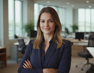 Happy and confident businesswoman in the office looking at the camera.
