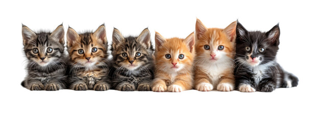 Wall Mural - Cats, cute kittens in a row isolated on white transparent, PNG