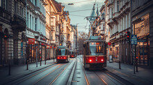 A City Street With Historic Trams And Old Buildings Evoking A Sense Of Nostalgia.