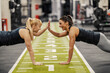 © dusanpetkovic1 - Two sportswomen doing pushups together and giving high five. Teamwork.