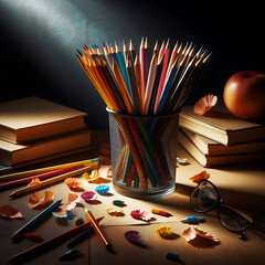 Wall Mural - Creative Palette: Glass of Colored Pencils on Table with Dark Background