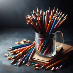 Wall Mural - Creative Palette: Glass of Colored Pencils on Table with Dark Background