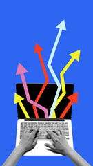 Financial growth webinar showcasing strategies for increasing digital revenue streams. Contemporary art. Hands typing on laptop with colorful arrows representing growth and progress. Business concept