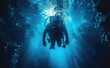 A fearless divemaster, equipped with fins and an oxygen mask, explores the mysterious depths of the underwater world in their dry suit