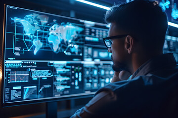 A cybersecurity expert analyzing data on a computer screen with security-related visuals