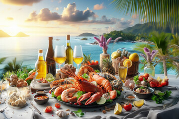 Wall Mural - Seafood dinner on the beach at sunset with a view of the sea