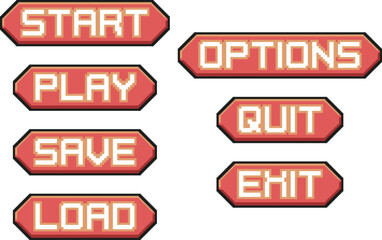 Menu interface buttons pixel art set. 8 bit graphical user interface elements. Game development, mobile app. Isolated vector illustration.