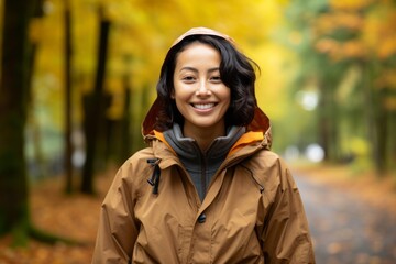 Wall Mural - Portrait of a happy asian woman in her 20s wearing a lightweight packable anorak against a background of autumn leaves. AI Generation