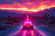 Patrol Car Advancing on Desert Highway at Sunset