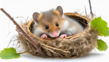 Cute Small Hazel Dormouse, Muscardinus Avellanarius,  Sleep In The Nest Isolated In A White Background. Generative AI.