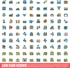 Wall Mural - 100 car icons set. Color line set of car vector icons thin line color flat on white