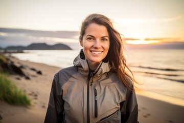 Sticker - Portrait of a grinning woman in her 30s wearing a functional windbreaker against a beautiful beach sunset. AI Generation