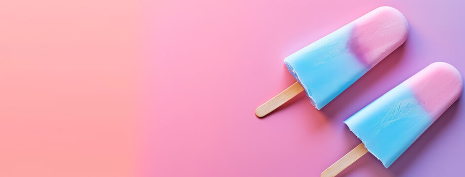 sale banner with blank space for text, pastel background, hyper realistic sharp photography with soft pop popsicle theme --ar 21:8 --v 6 Job ID: 1c96bbdd-4397-4a43-bb8e-c6a49ea6b44d