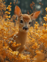 Wall Mural - A delicate fawn stands amidst a sea of vibrant yellow flowers, embodying the beauty and wonder of nature's harmony between animals and plants