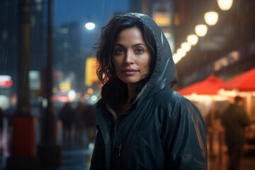 Poster - Portrait of a glad woman in her 40s wearing a functional windbreaker against a bustling city street at night. AI Generation