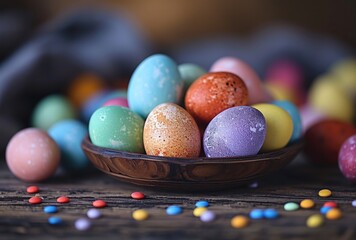 Canvas Print - Colourful eggs sitting in a bowl on a wooden table