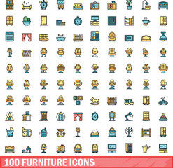 Sticker - 100 furniture icons set. Color line set of furniture vector icons thin line color flat on white